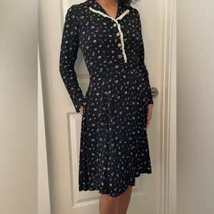 RevivALL Medium Black Floral Button Prairie Dress Upcycled & Handmade in USA